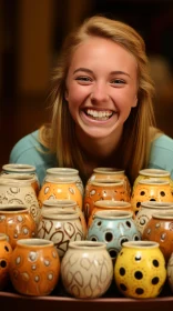Joyful Pottery Display by Smiling Woman in Soft Lighting