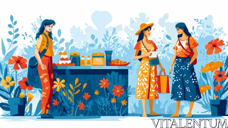 Market Scene Illustration: Captivating Women in Vibrant Attire AI Image