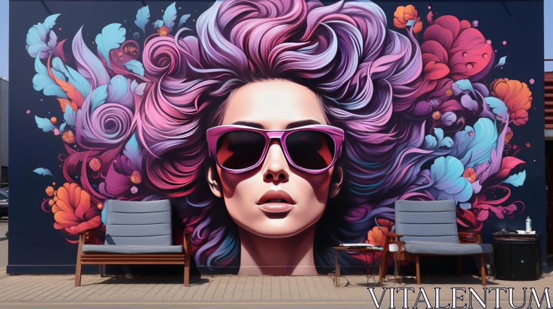 AI ART Pink-Haired Woman Mural with Flowers