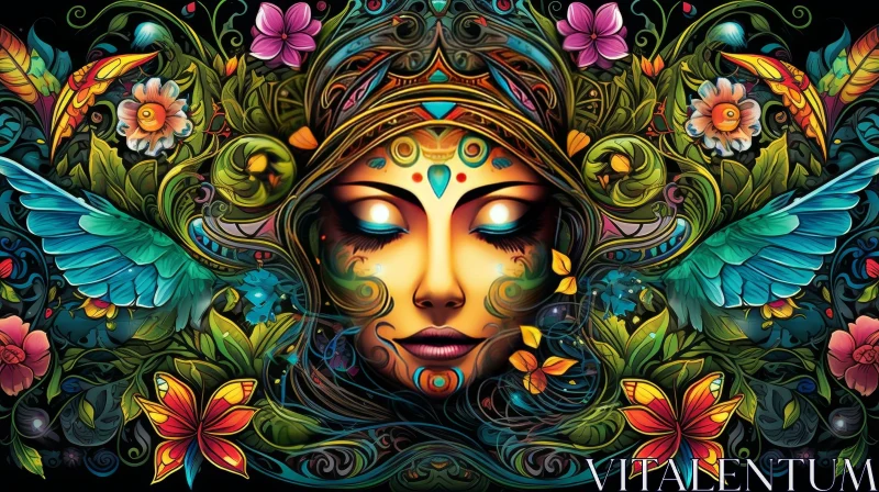 Psychedelic Woman with Wings in Lush Garden AI Image