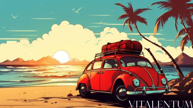 AI ART Red Volkswagen Beetle on Beach at Sunset