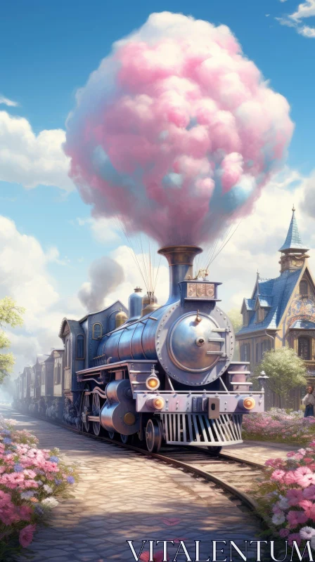 Steam Locomotive in Countryside with Pink Clouds and Blooming Flowers AI Image