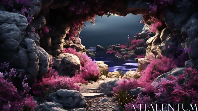 Surreal Cave Scene Adorned with Pink Flowers: A Nature-Inspired Utopia AI Image