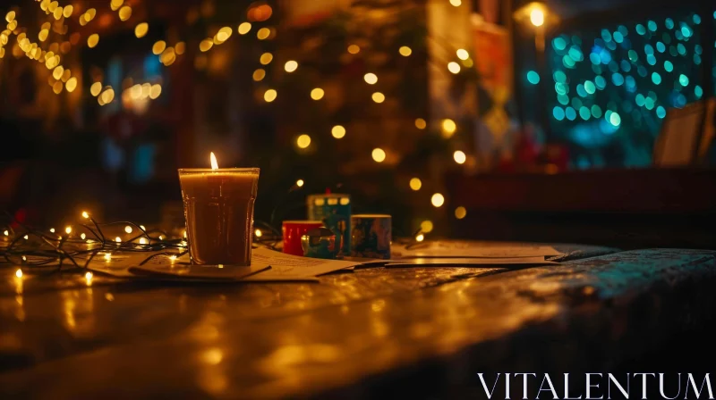 Tranquil Still Life: Candle on Wooden Table with Christmas Lights AI Image