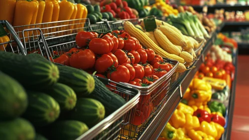 Vibrant Grocery Store Produce Section with Tomatoes, Corn, Cucumbers, and Peppers