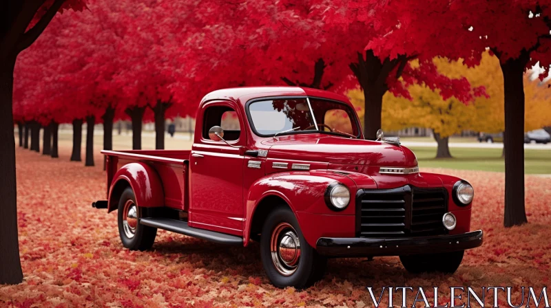 AI ART Vintage Fall Wallpaper: Old Red Pickup Truck Beneath Vibrant Trees