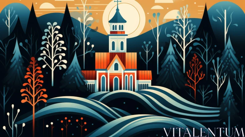 White Church in Forest - Moonlit Scene AI Image