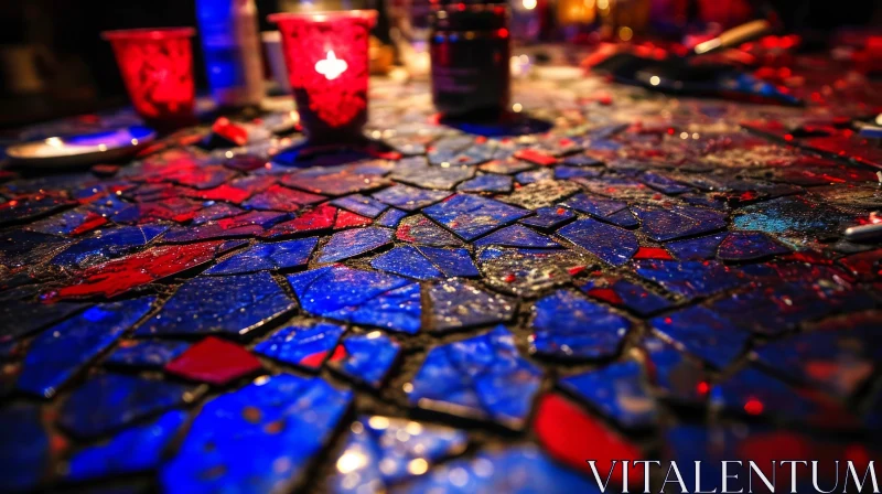 AI ART Abstract Mosaic Floor: Intricate Design with Blue and Red Tiles