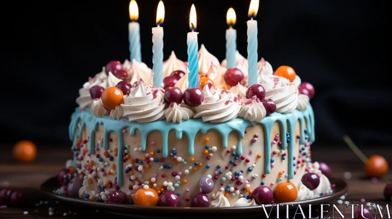 Birthday Cake with Lit Candles and Colorful Decorations AI Image