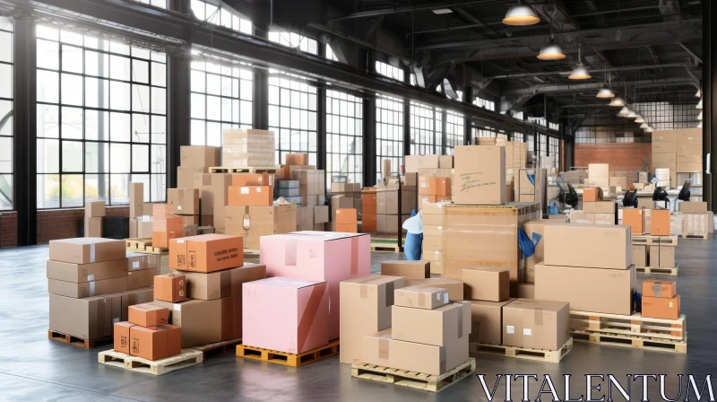 AI ART Busy Warehouse Scene with Cardboard Boxes and Workers