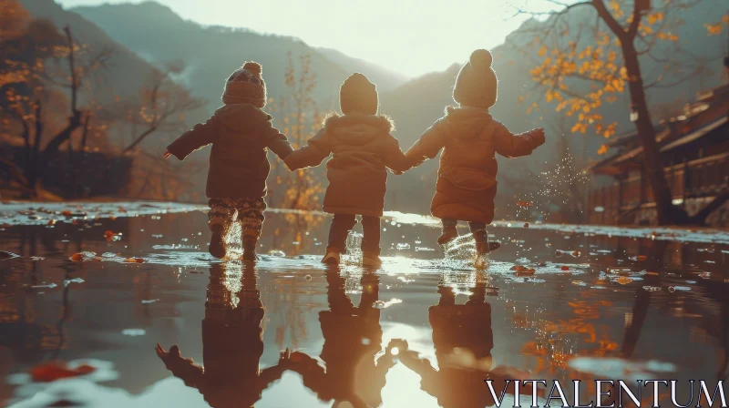 Children Running Through Puddle at Sunset in Autumn Park AI Image