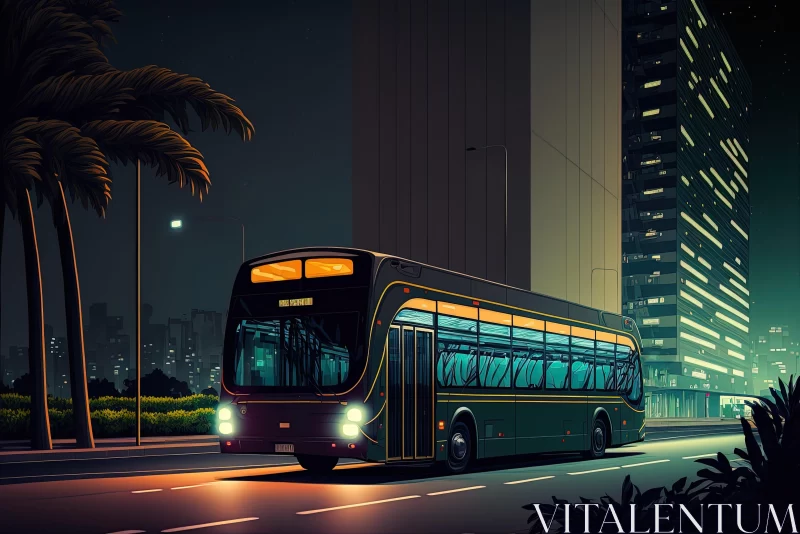 City Bus at Night: A Realistic Artwork with Palm Trees AI Image