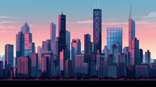 Cityscape Sunset Digital Painting - Retro-Futuristic Skyline