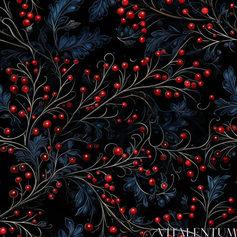 Elegant Red Berries and Blue Leaves Seamless Pattern AI Image