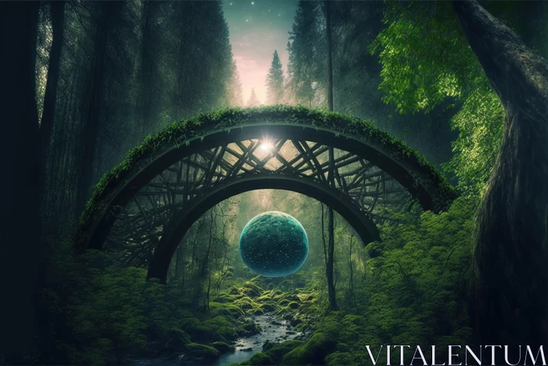 Enchanting Bridge in Lush Forest: A Surrealistic Dream of Ethereal Alien Worlds AI Image
