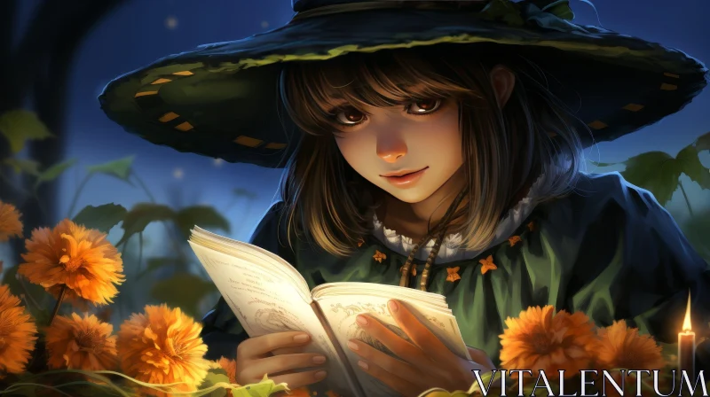 Enchanting Witch in Flower Field Digital Painting AI Image