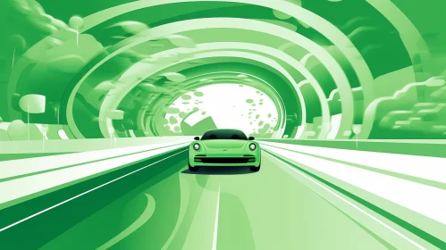 Green Car Driving on Futuristic Road
