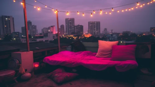 Night City Rooftop View with Bed and Light Bulbs