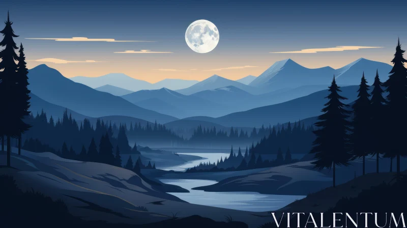 AI ART Night Mountain Range Landscape - Serene Moonlight Scene