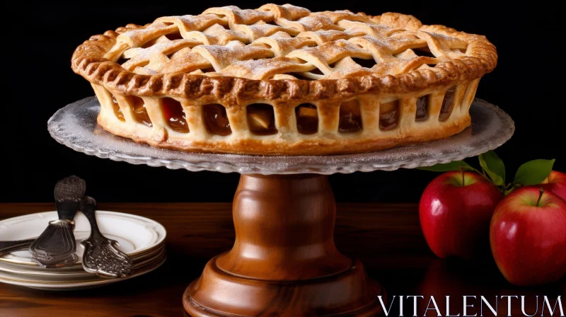 Scrumptious Apple Pie on Wooden Cake Stand AI Image