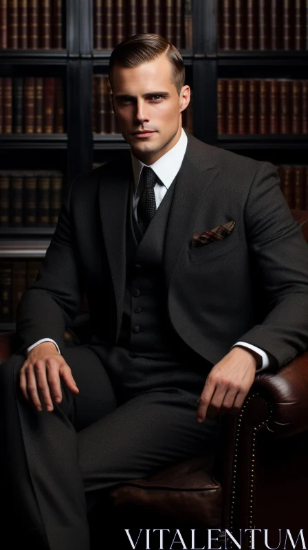 Serious Young Man in Classic Black Suit | Library Portrait AI Image