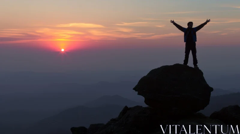 AI ART Silhouette of a Man at Sunset on a Mountain