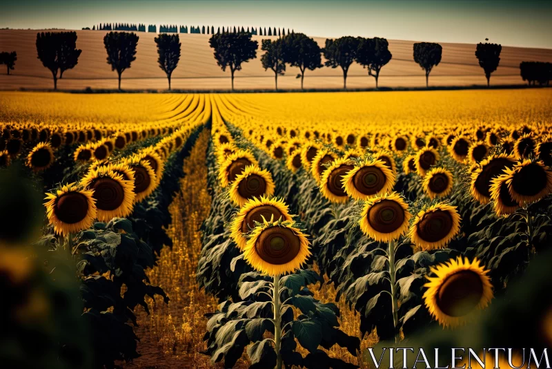 Sunflower Field with Trees: A Captivating Nature Scene AI Image
