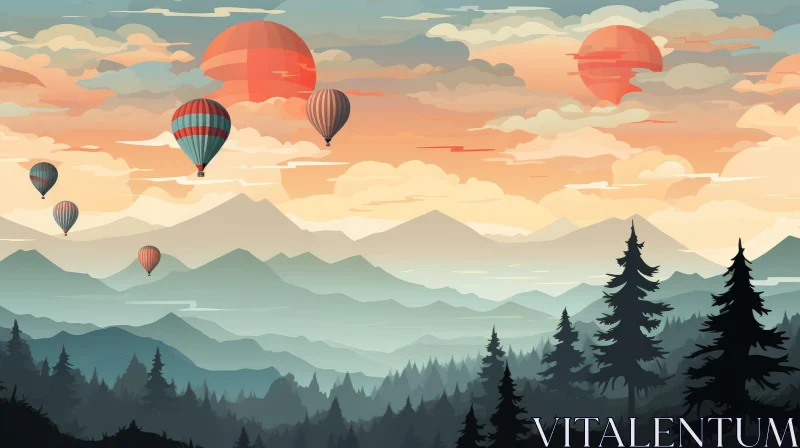 AI ART Tranquil Mountain and Forest Landscape with Hot Air Balloons
