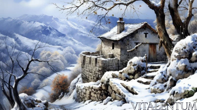 Tranquil Mountain Stone House Painting AI Image