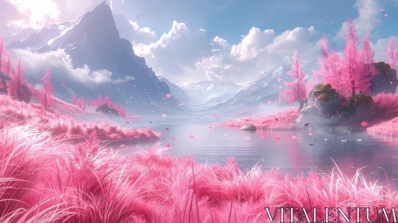 AI ART Tranquil Mountain Valley Landscape with Lake and Pink Flowers