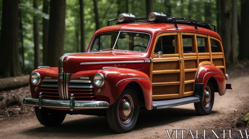 AI ART Vintage Red Ford Woody Wagon in Forest