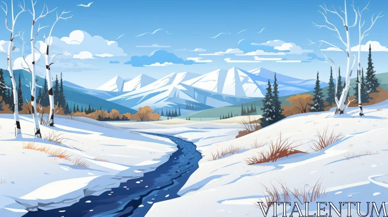 AI ART Winter Landscape: Snow-Covered Field with River and Mountains