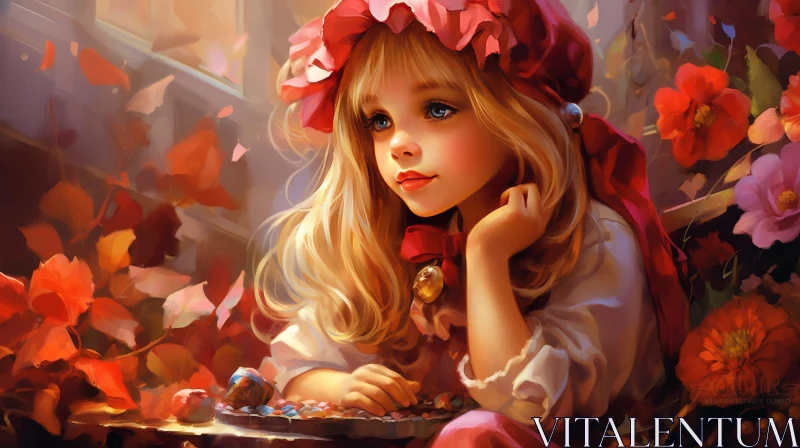 Young Girl in Garden Painting AI Image