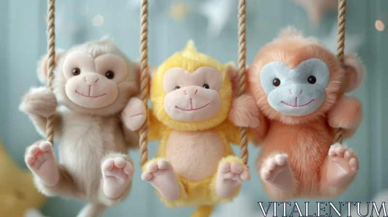 Adorable Monkey Plushies Hanging on Blue Background AI Image