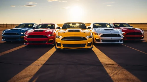 Colorful Ford Mustang Cars on Road at Sunset