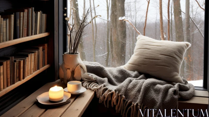 AI ART Cozy Reading Nook in Cabin with Snowy Forest View
