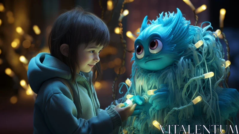 Enchanting 3D Rendering of Girl and Blue Creature AI Image