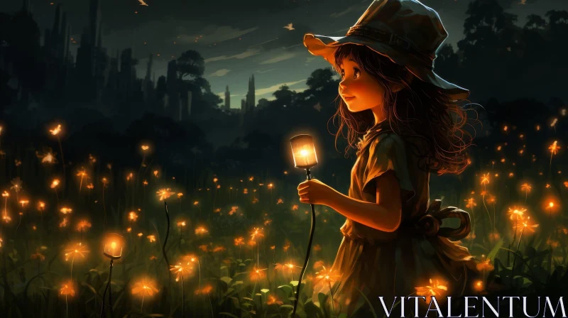 Enchanting Girl in Flower Field at Night - Magical Illustration AI Image