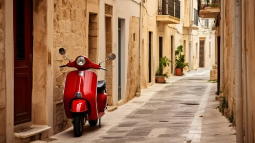European Town Street Scene with Red Vespa Scooter
