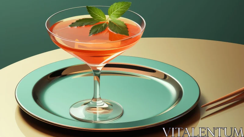 Exquisite Cocktail with Mint Leaf on Gold Plate AI Image