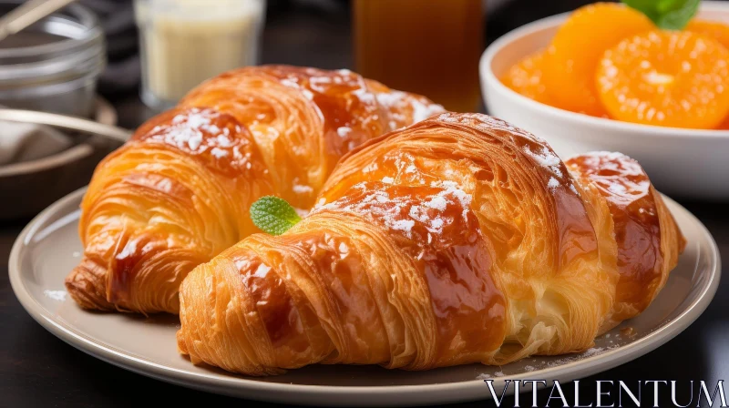 Golden Brown Croissants with Powdered Sugar on Plate AI Image
