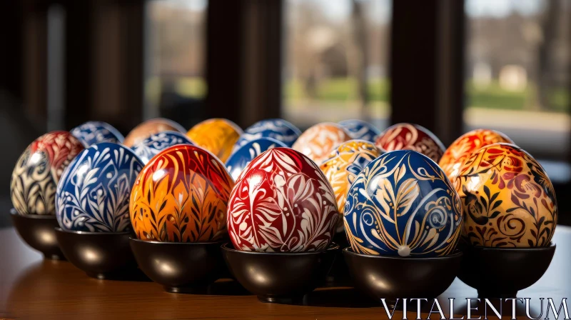 Handcrafted Colored Easter Eggs on Wooden Table AI Image