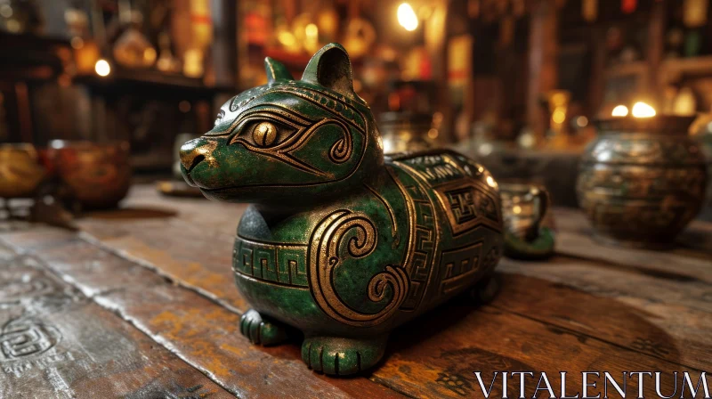 Intriguing 3D Cat Figurine: Green Metal with Egyptian Engravings AI Image