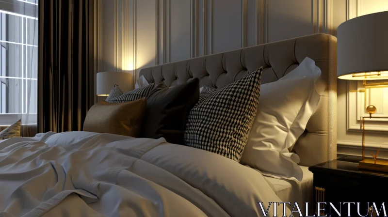 Luxurious Bedroom with Tufted Headboard and Elegant Bedding AI Image