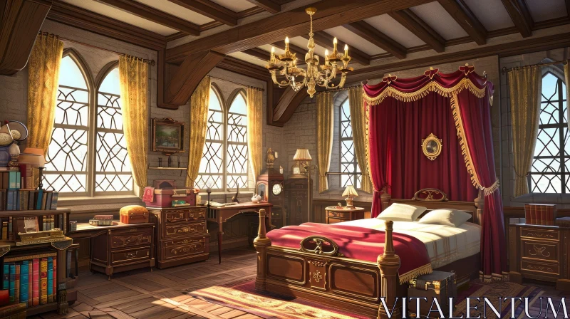 Medieval Style Bedroom with Red Canopy AI Image