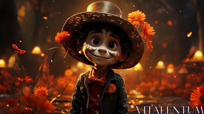 Mexican Boy in Field of Flowers - 3D Rendering AI Image