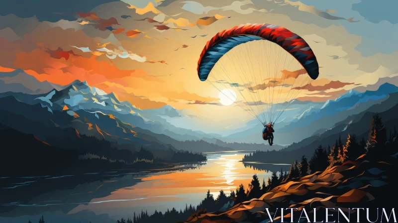 AI ART Mountain Range Sunset Landscape with Paraglider