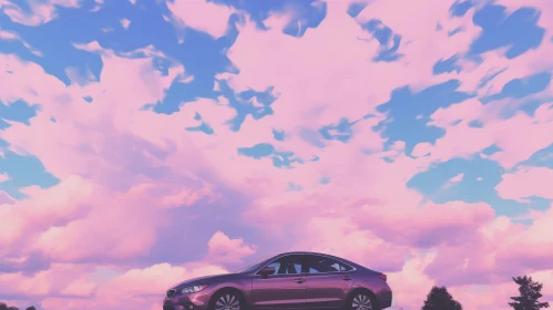 Purple Car on Road Under Pink and Blue Sky with Clouds