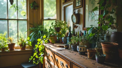 Serene Still Life: Wooden Dresser with Potted Plants