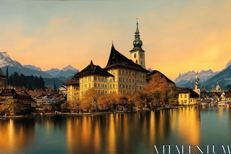 Switzerland Landscapes: City at Sunset in Lake with Mountains AI Image